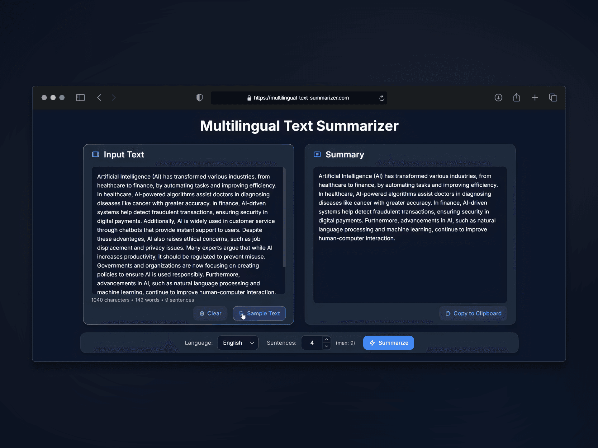 Multilingual Text Summarizer Preview 1